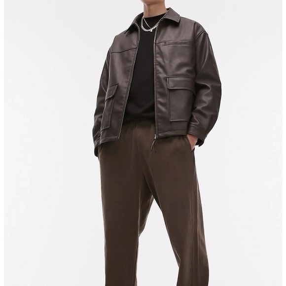 Topman mens brown faux leather oversized 90s jacket